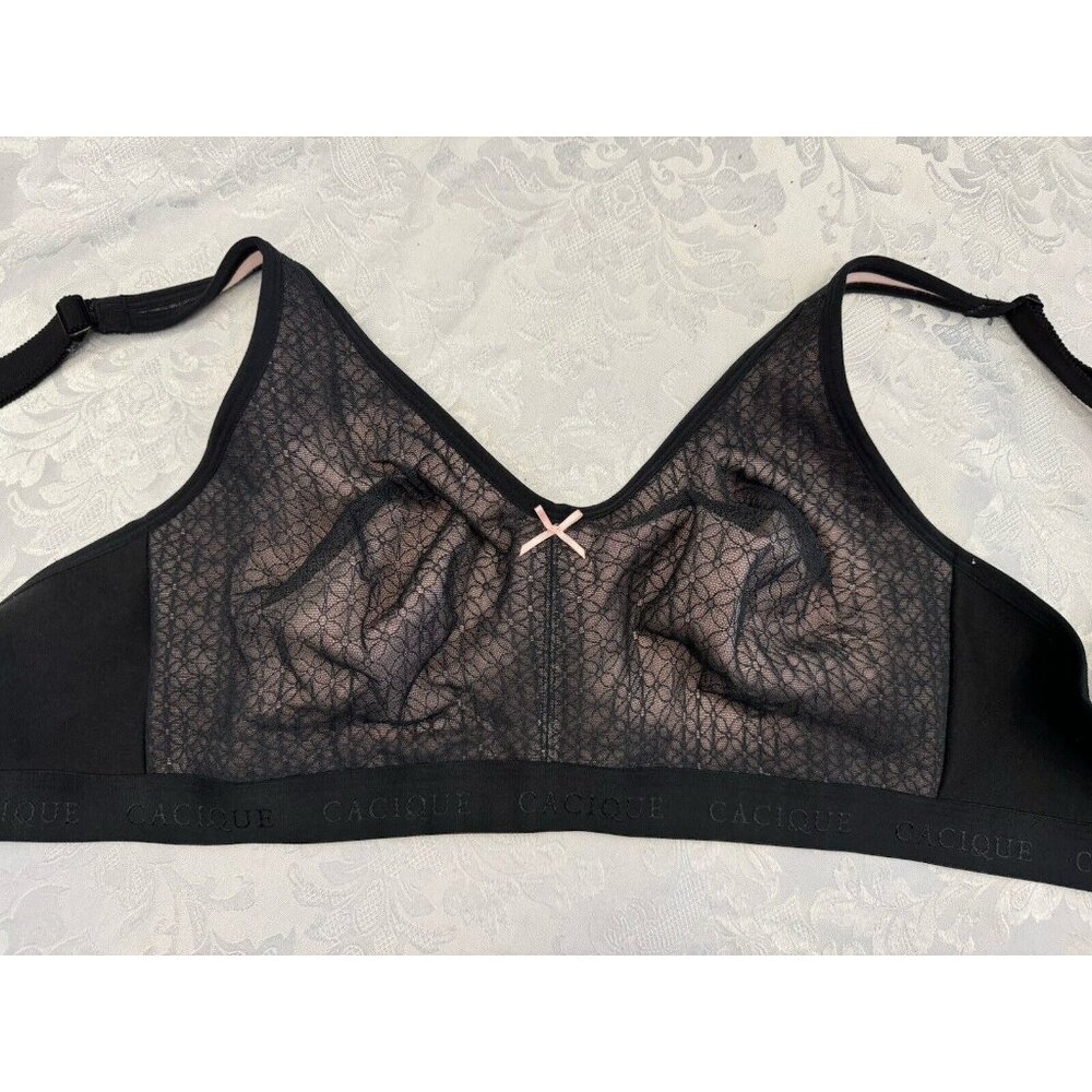 Cacique Size 48B Unlined Full Coverage No Wire Bra Black And Pink Lace Overlay‎